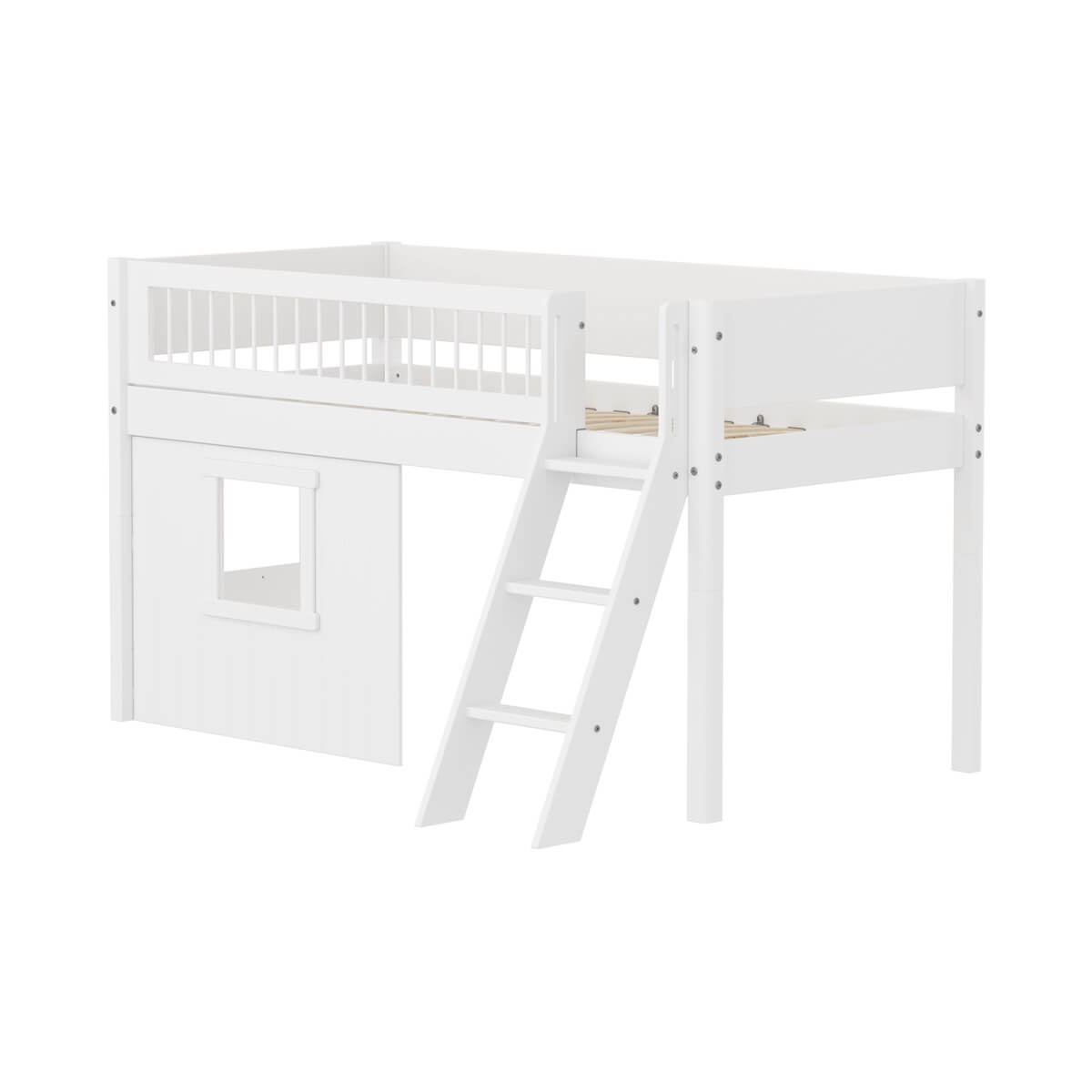 Cama media-alta casa árbol 90x200cm escalera inclinada-barrera barras WHITE Flexa