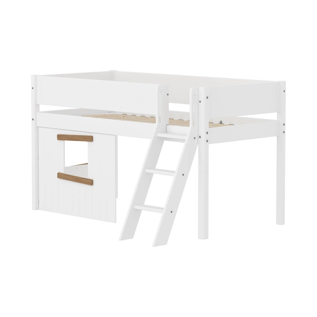 Cama media-alta casa árbol 90x200cm escalera inclinada-barrera ranuras WHITE Flexa roble ventana