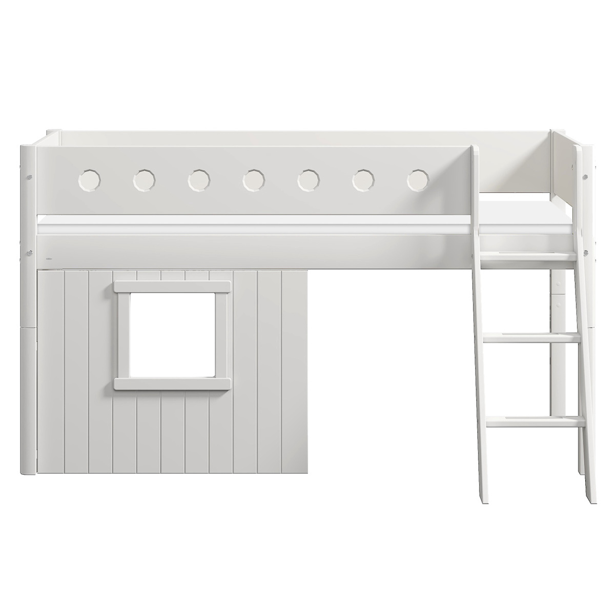 Cama media-alta casa árbol 90x200cm escalera inclinada WHITE Flexa blanco ventana