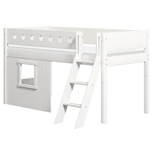 Cama media-alta casa árbol 90x200cm escalera inclinada WHITE Flexa blanco ventana