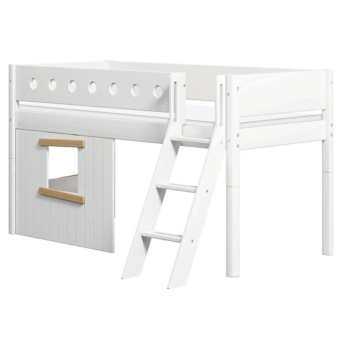 Cama media-alta casa árbol 90x200cm escalera inclinada WHITE Flexa roble ventana