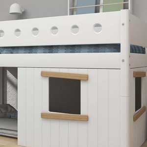Cama media-alta casa árbol 90x200cm escalera inclinada WHITE Flexa roble ventana