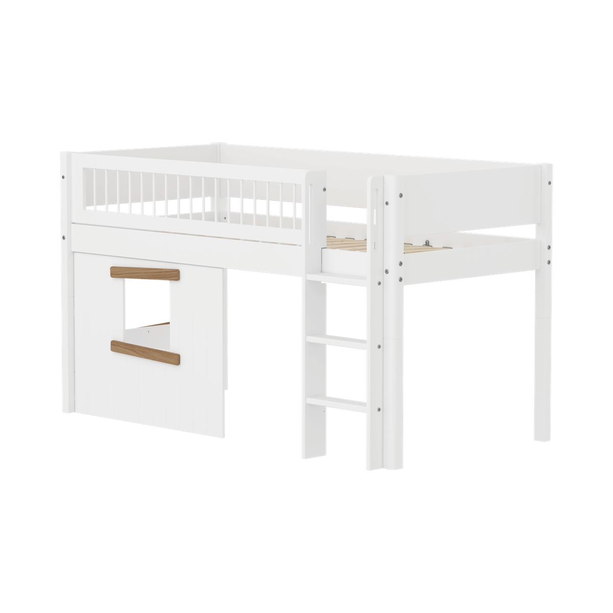 Cama media-alta casa árbol 90x200cm escalera recta-barrera barras WHITE Flexa roble ventana