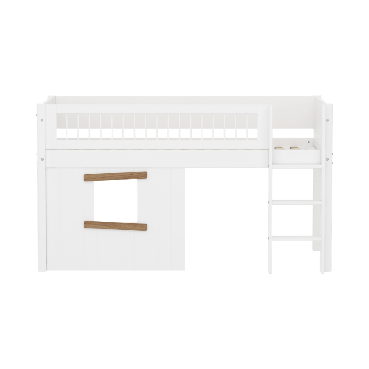 Cama media-alta casa árbol 90x200cm escalera recta-barrera barras WHITE Flexa roble ventana