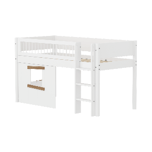 Cama media-alta casa árbol 90x200cm escalera recta-barrera barras WHITE Flexa roble ventana