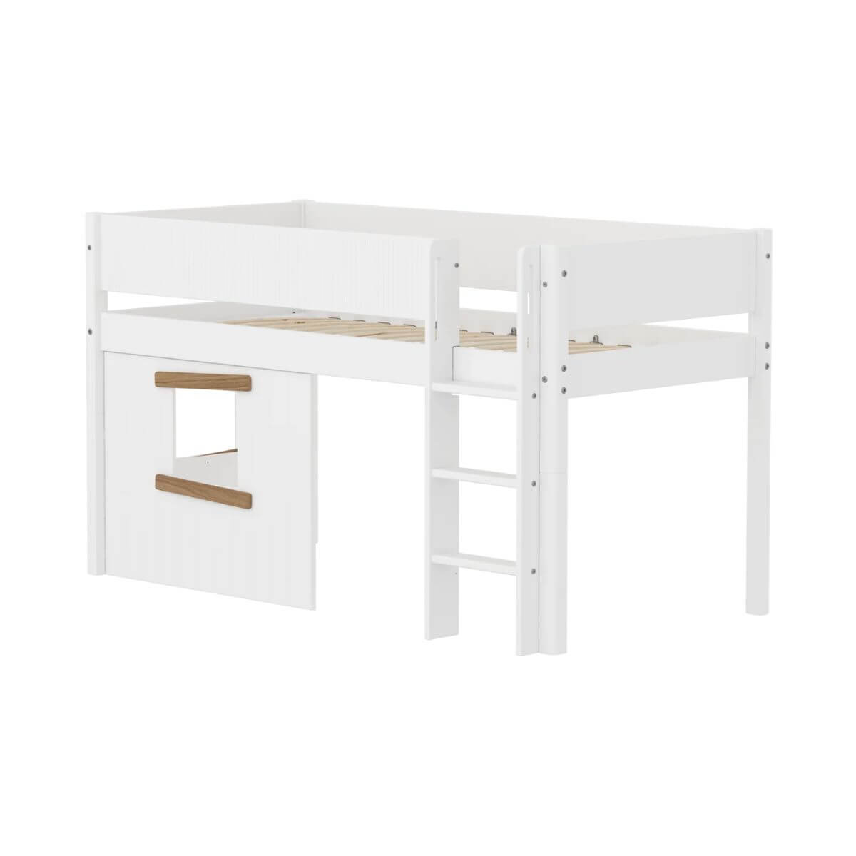 Cama media-alta casa árbol 90x200cm escalera recta-barrera ranuras WHITE Flexa roble ventana