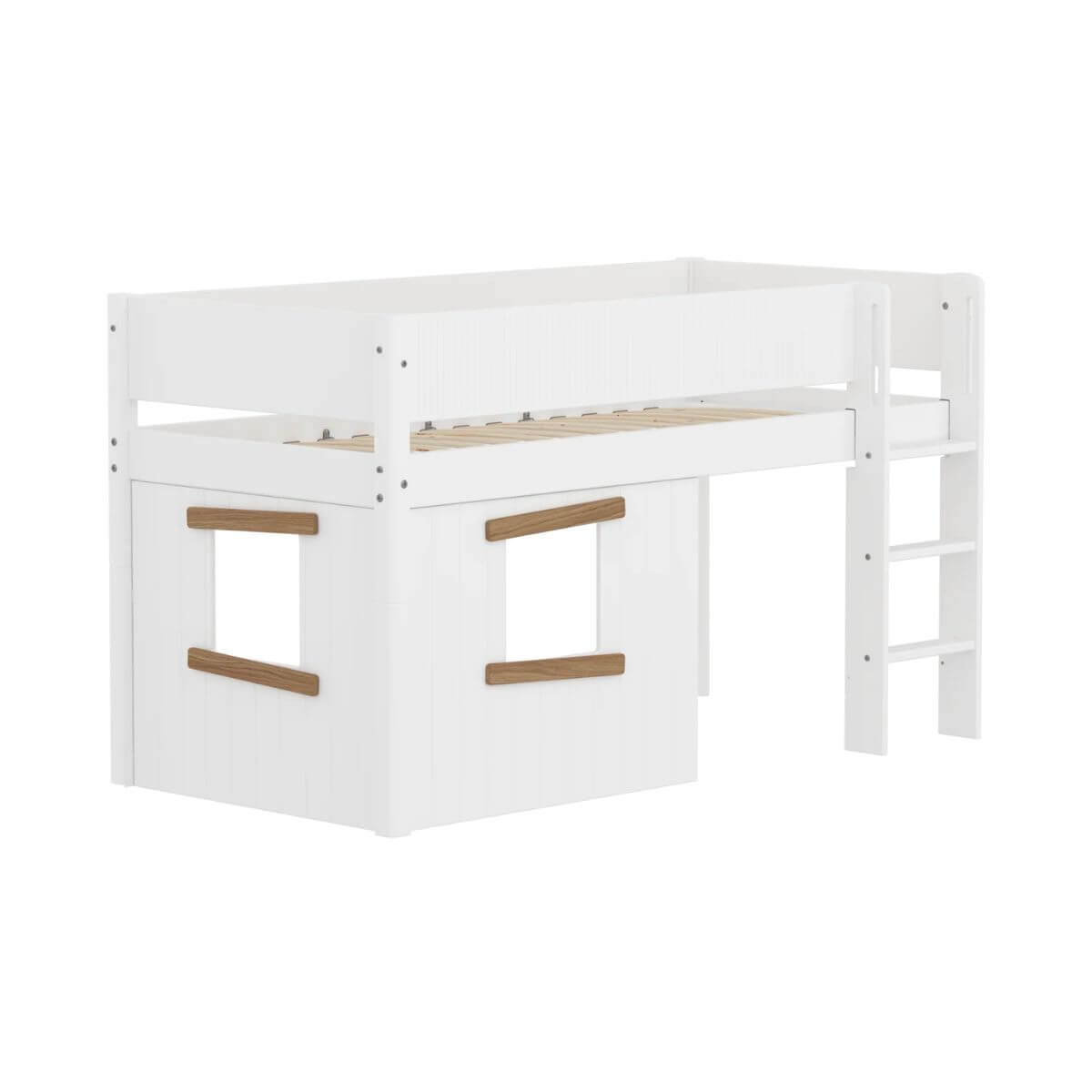 Cama media-alta casa árbol 90x200cm escalera recta-barrera ranuras WHITE Flexa roble ventana