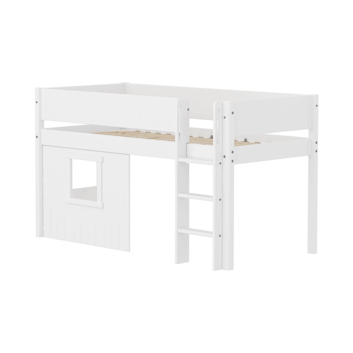 Cama media-alta casa árbol 90x200cm escalera recta-barrera ranuras WHITE Flexa