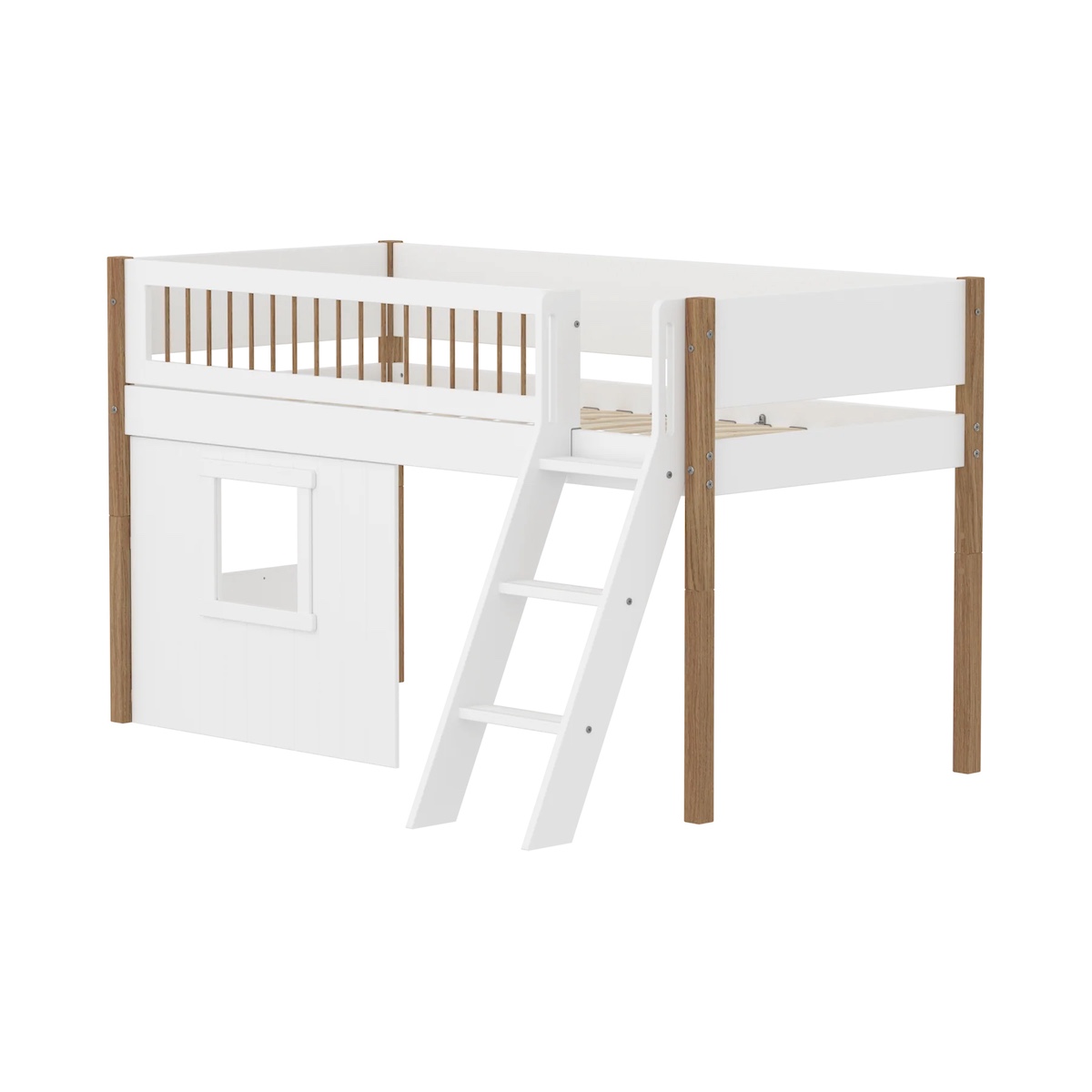 Cama media-alta casa árbol 90x200cm NOR escalera inclinada-barrera barras Flexa blanco ventana