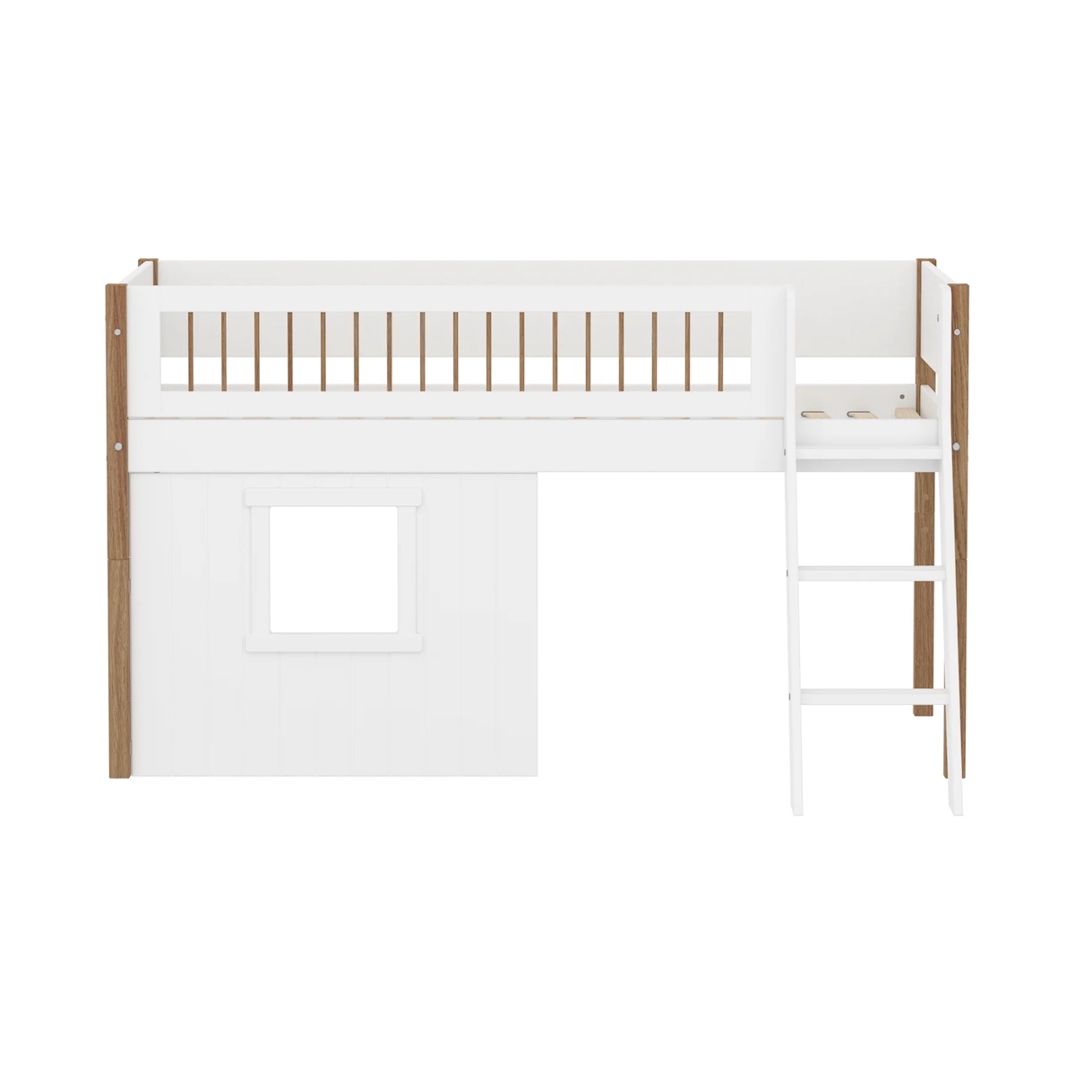 Cama media-alta casa árbol 90x200cm NOR escalera inclinada-barrera barras Flexa blanco ventana