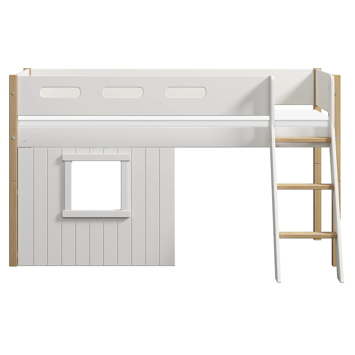 Cama media-alta casa árbol 90x200cm NOR escalera inclinada blanco ventana