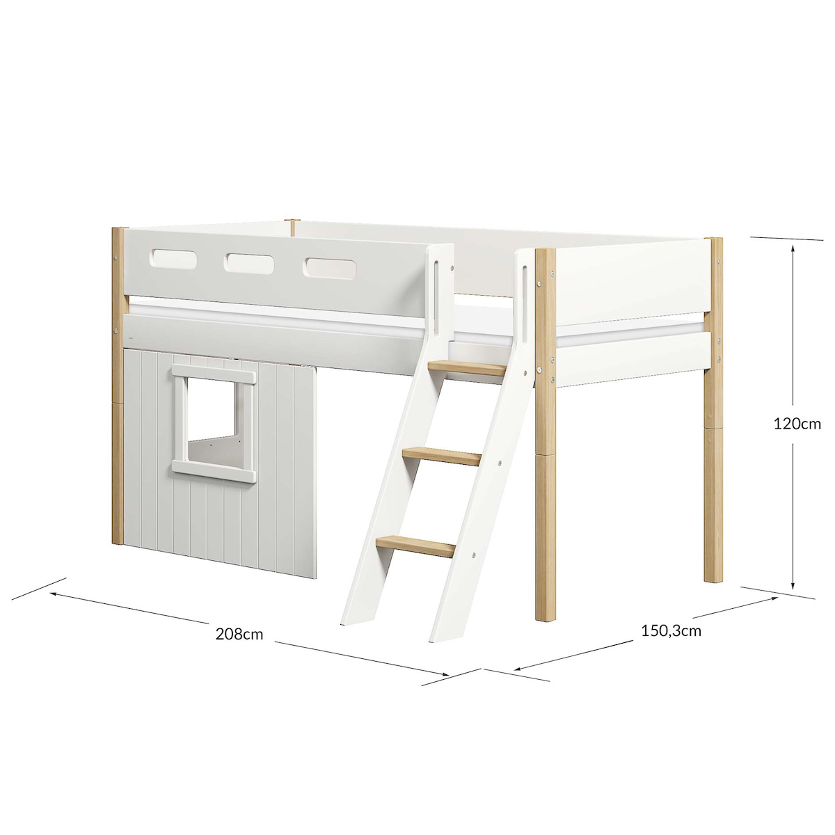 Cama media-alta casa árbol 90x200cm NOR escalera inclinada blanco ventana