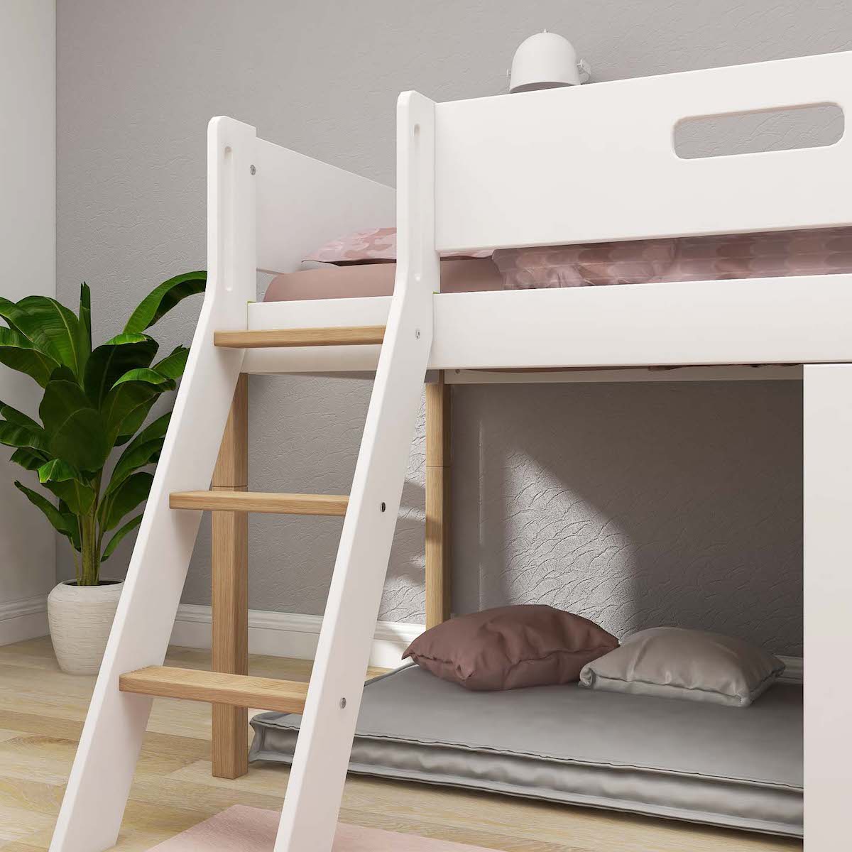 Cama media-alta casa árbol 90x200cm NOR escalera inclinada blanco ventana