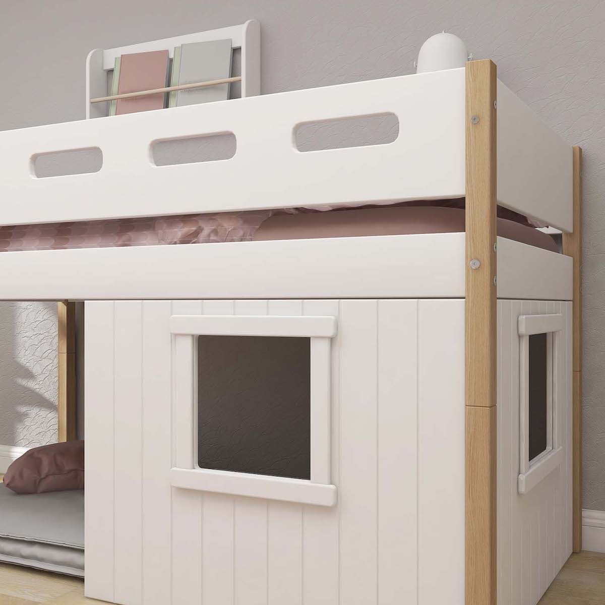 Cama media-alta casa árbol 90x200cm NOR escalera inclinada blanco ventana