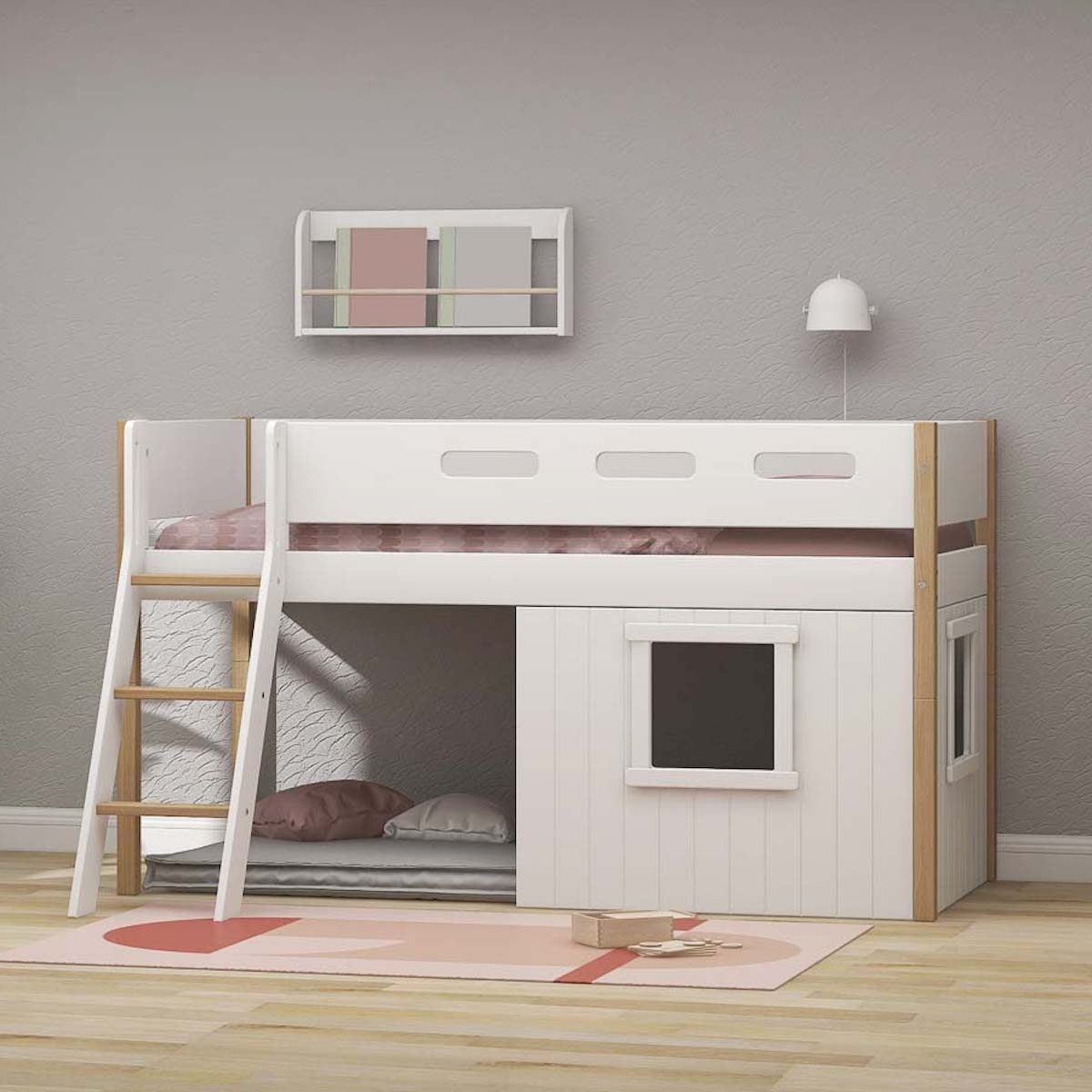 Cama media-alta casa árbol 90x200cm NOR escalera inclinada blanco ventana