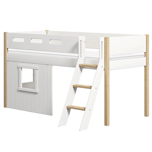 Cama media-alta casa árbol 90x200cm NOR escalera inclinada blanco ventana