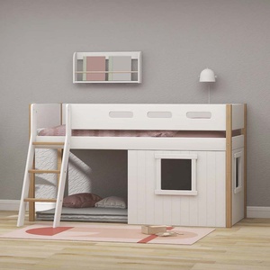 Cama media-alta casa árbol 90x200cm NOR escalera inclinada blanco ventana