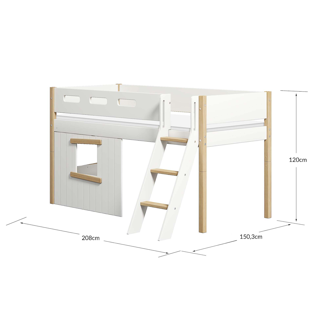 Cama media-alta casa árbol 90x200cm NOR escalera inclinada roble ventana