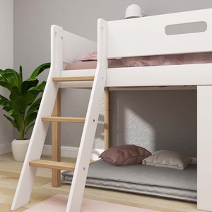 Cama media-alta casa árbol 90x200cm NOR escalera inclinada roble ventana