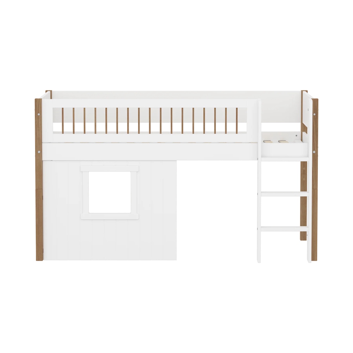 Cama media-alta casa árbol 90x200cm NOR escalera recta-barrera barras Flexa blanco ventana