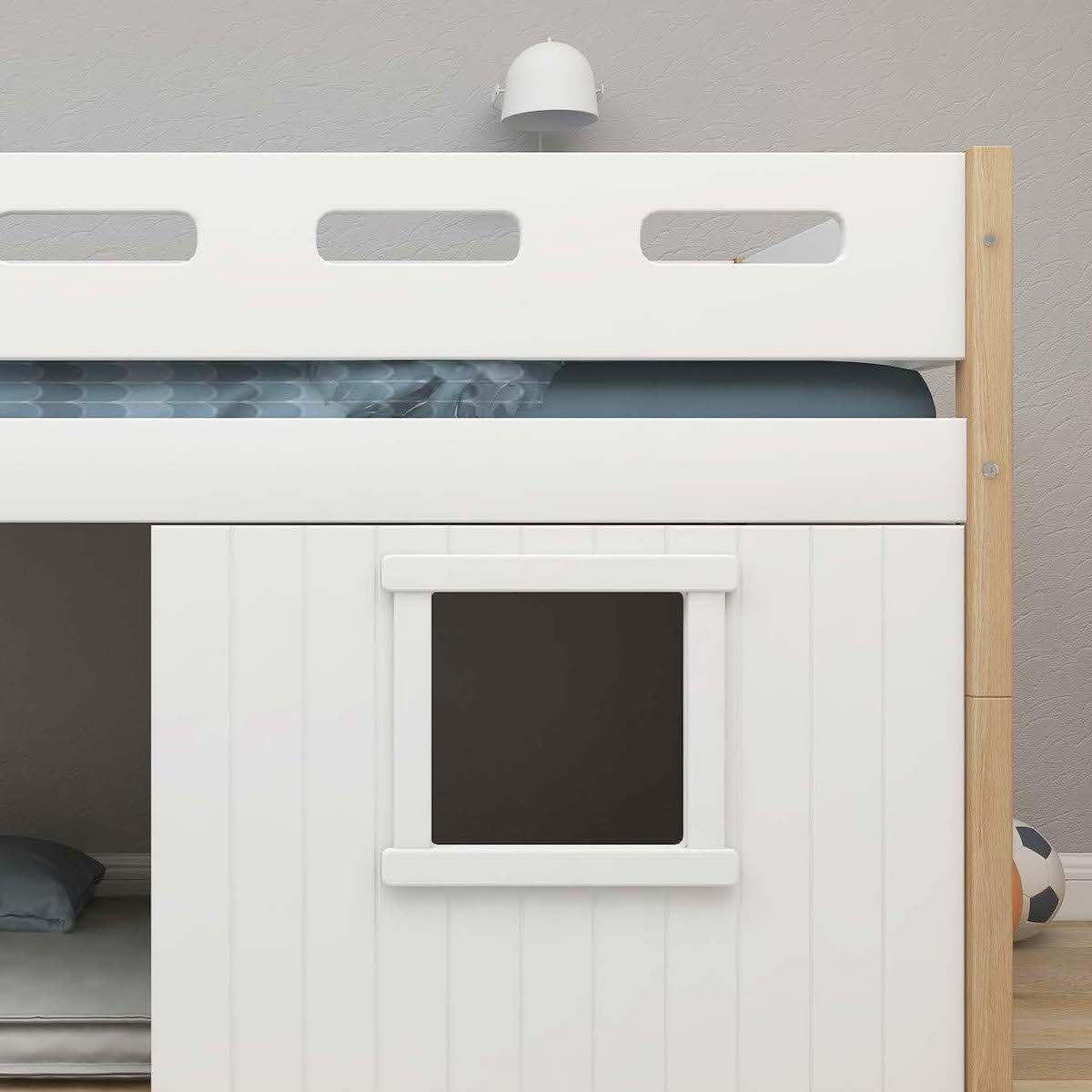 Cama media-alta casa árbol 90x200cm NOR escalera recta blanco ventana