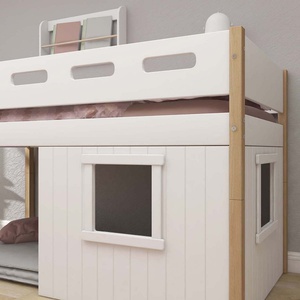 Cama media-alta casa árbol 90x200cm NOR escalera recta blanco ventana