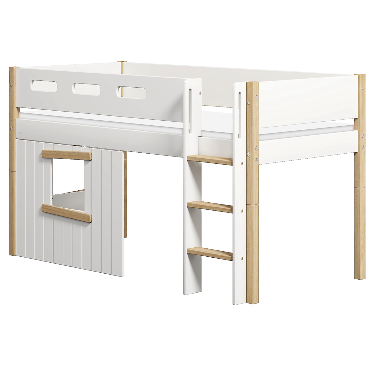 Cama media-alta casa árbol 90x200cm NOR escalera recta roble ventana