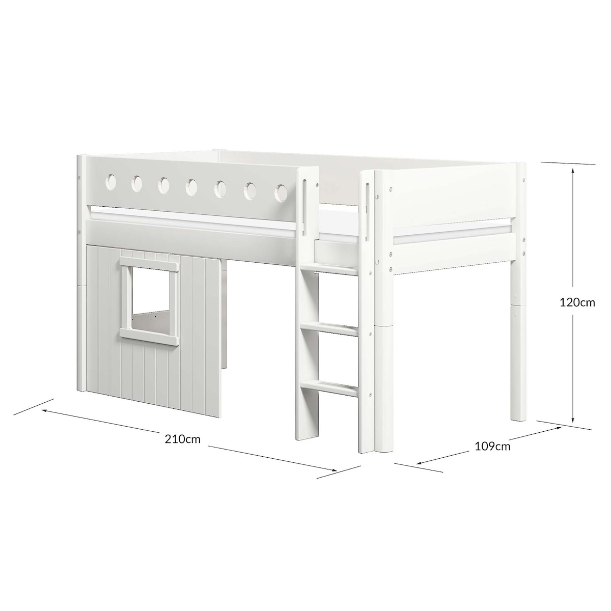 Cama media-alta casa árbol 90x200cm WHITE escalera recta blanco ventana
