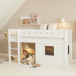 Cama media-alta casa árbol 90x200cm WHITE escalera recta blanco ventana
