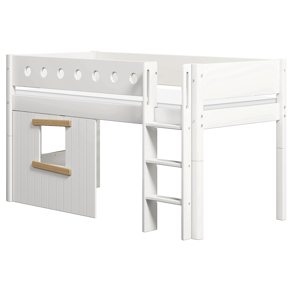 Cama media-alta casa árbol 90x200cm WHITE escalera recta roble ventana