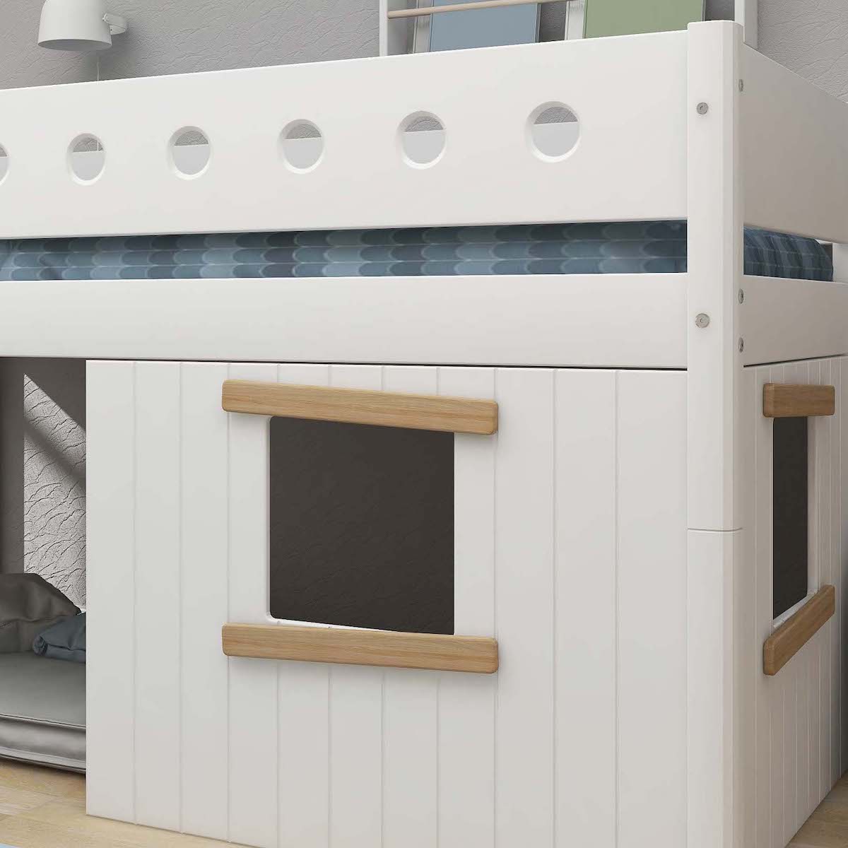 Cama media-alta casa árbol 90x200cm WHITE escalera recta roble ventana