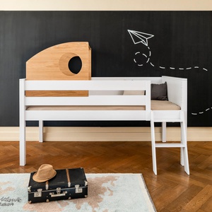 Cama media alta KASVA haya blanco-contrachapado roble-cabaña juegos