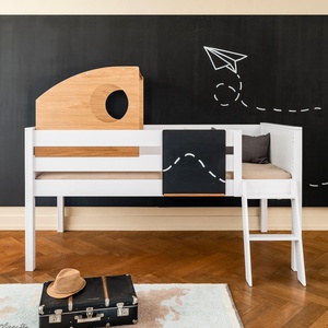 Cama media alta KASVA haya blanco-contrachapado roble-cabaña juegos