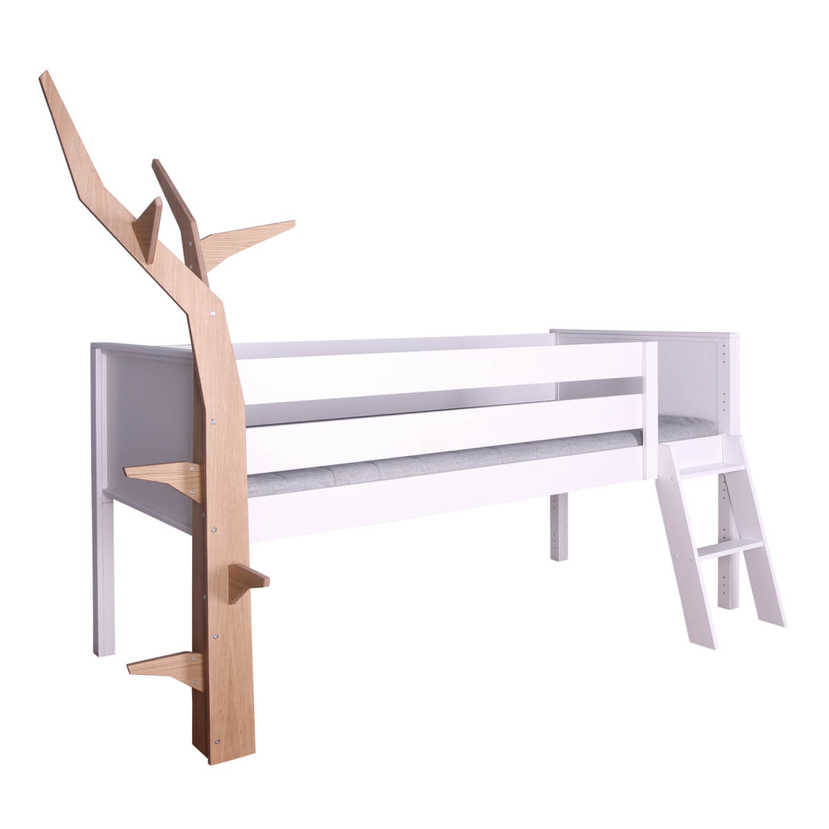 Cama media alta KASVA haya lacado blanco-contrachapado roble-árbol