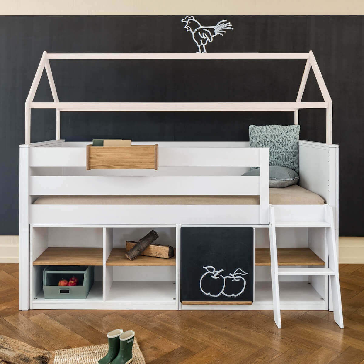 Cama media alta-techo casa KASVA haya lacado blanco