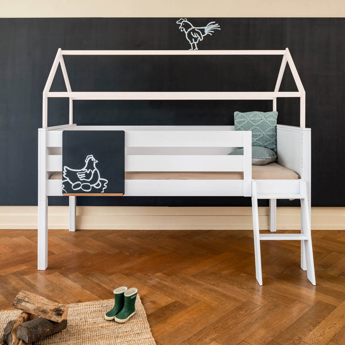 Cama media alta-techo casa KASVA haya lacado blanco
