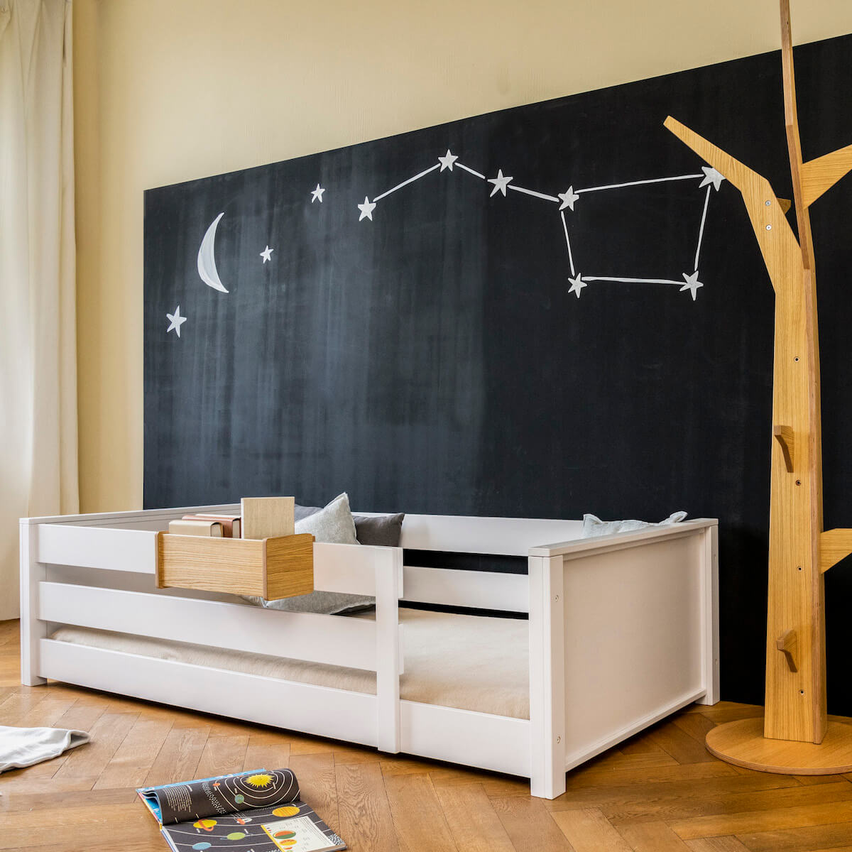 Cama montessori-barrera doble 90x200cm KASVA haya lacado blanco