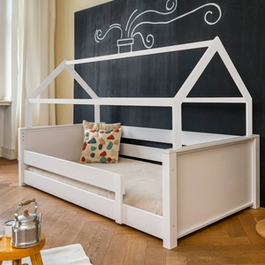 Cama montessori barrera simple-techo casa KASVA haya lacado blanco
