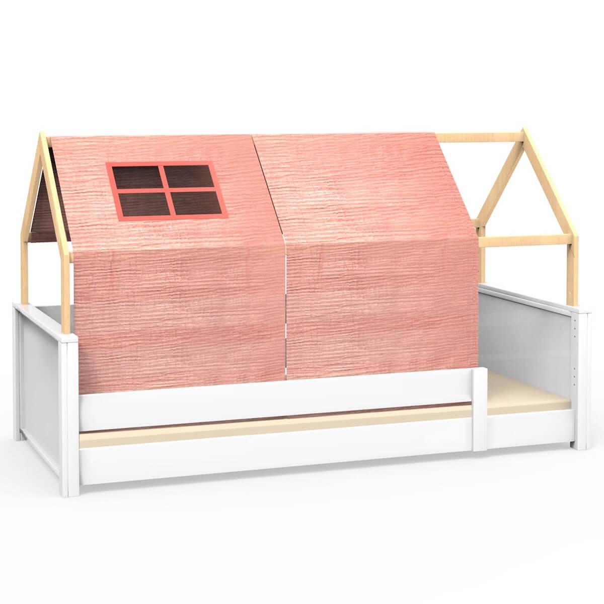Cama montessori barrera simple-techo casa KASVA textil Bobble rosa
