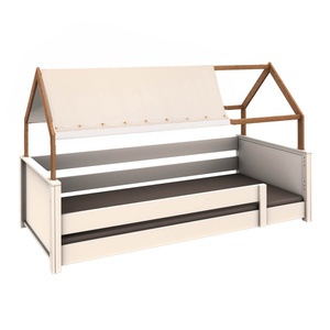 Cama montessori barrera simple-techo casa-textil KASVA haya lacado blanco-contrachapado roble