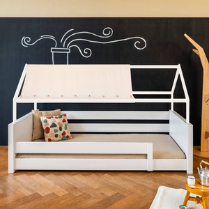 Cama montessori barrera simple-techo casa-textil KASVA haya lacado blanco