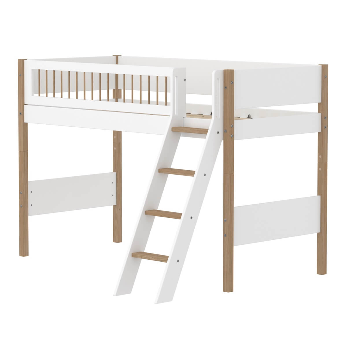 Cama semi alta 90x200cm escalera inclinada-barrera barras NOR Flexa blanco-roble