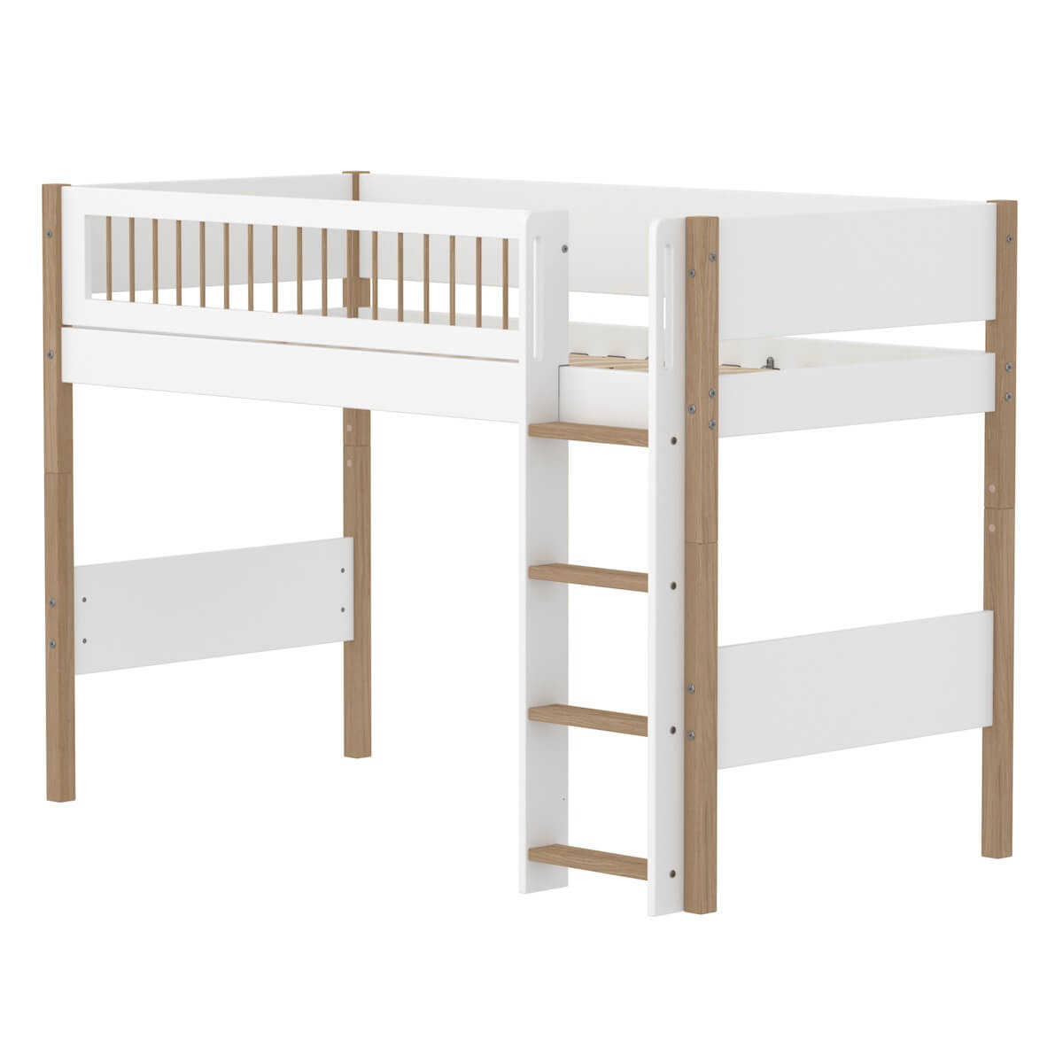 Cama semi alta 90x200cm escalera recta-barrera barras NOR Flexa blanco-roble