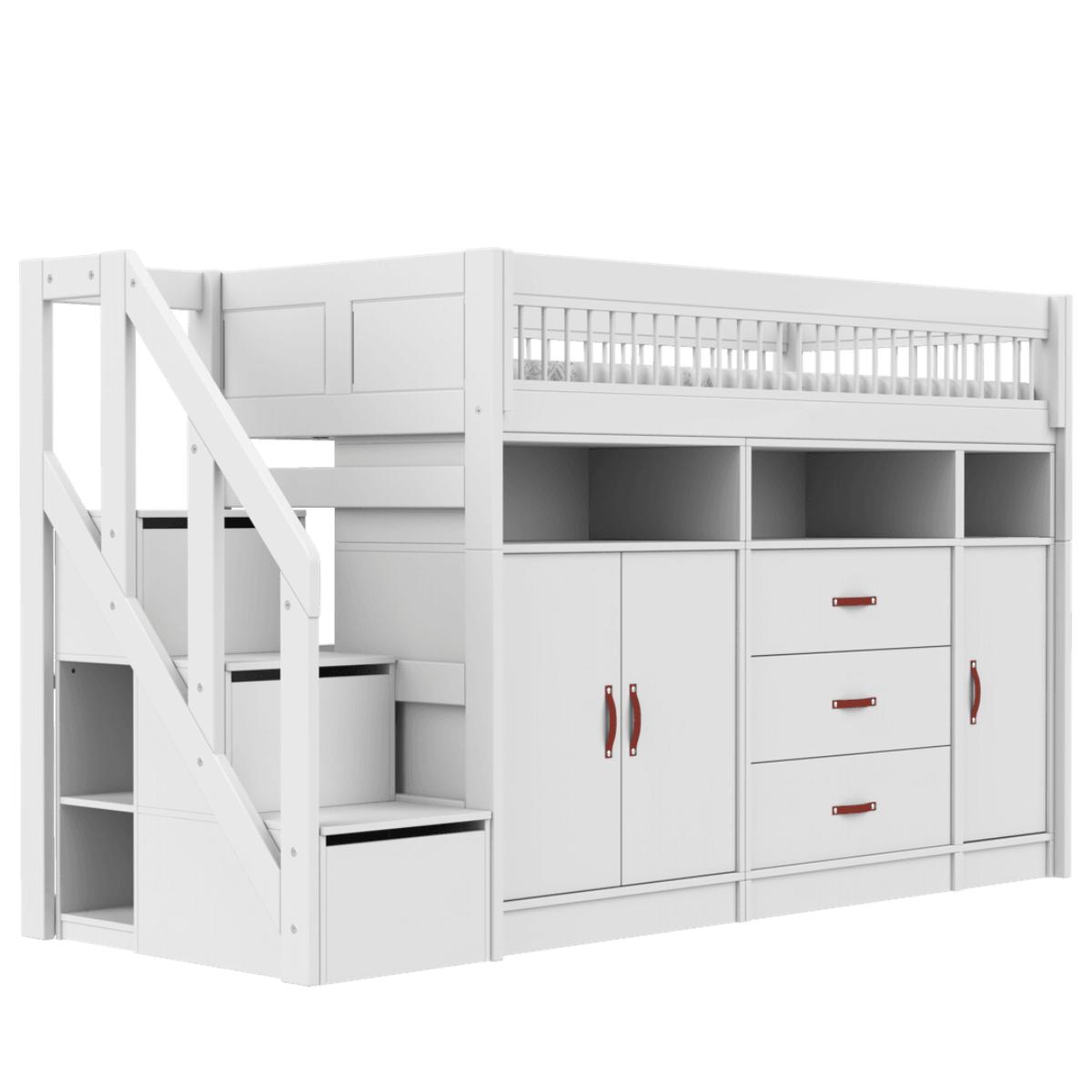 Cama semi alta All-in-One 90x200cm escalera cajones BREEZE Lifetime Somier Deluxe blanco