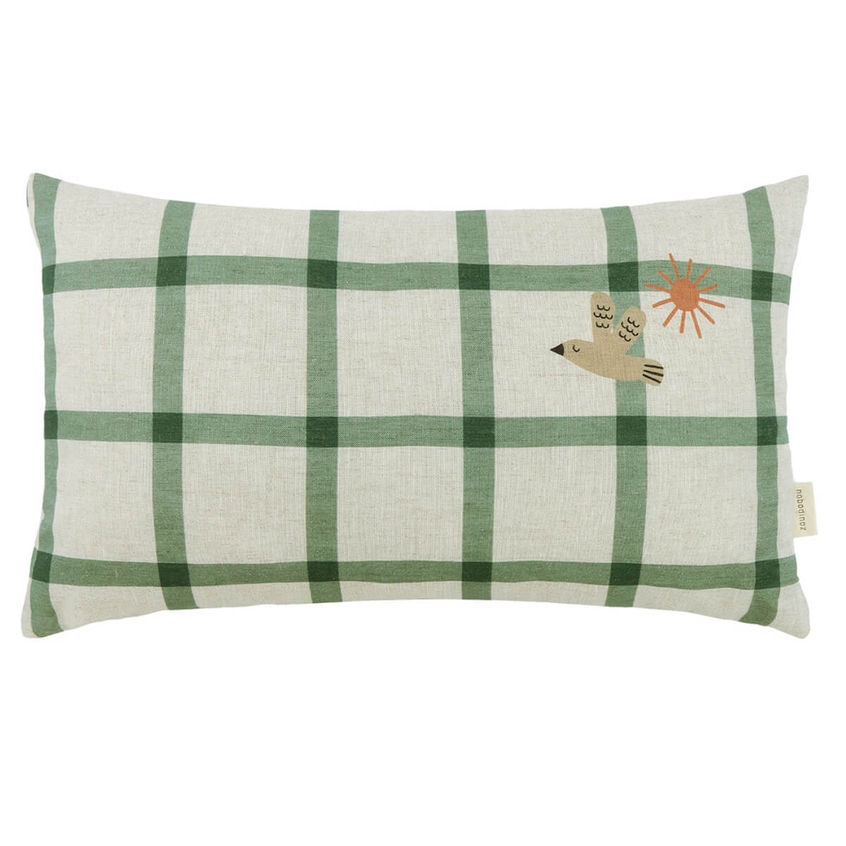 Cojín rectangular 44x25cm VIBES M Nobodinoz French Linen green windowpane bird