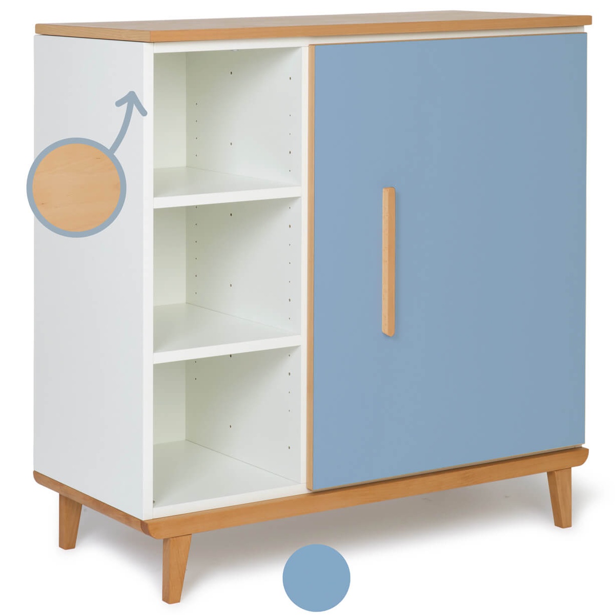 Cómoda 1 puerta 3 huecos NADO Retro acabado haya capri blue