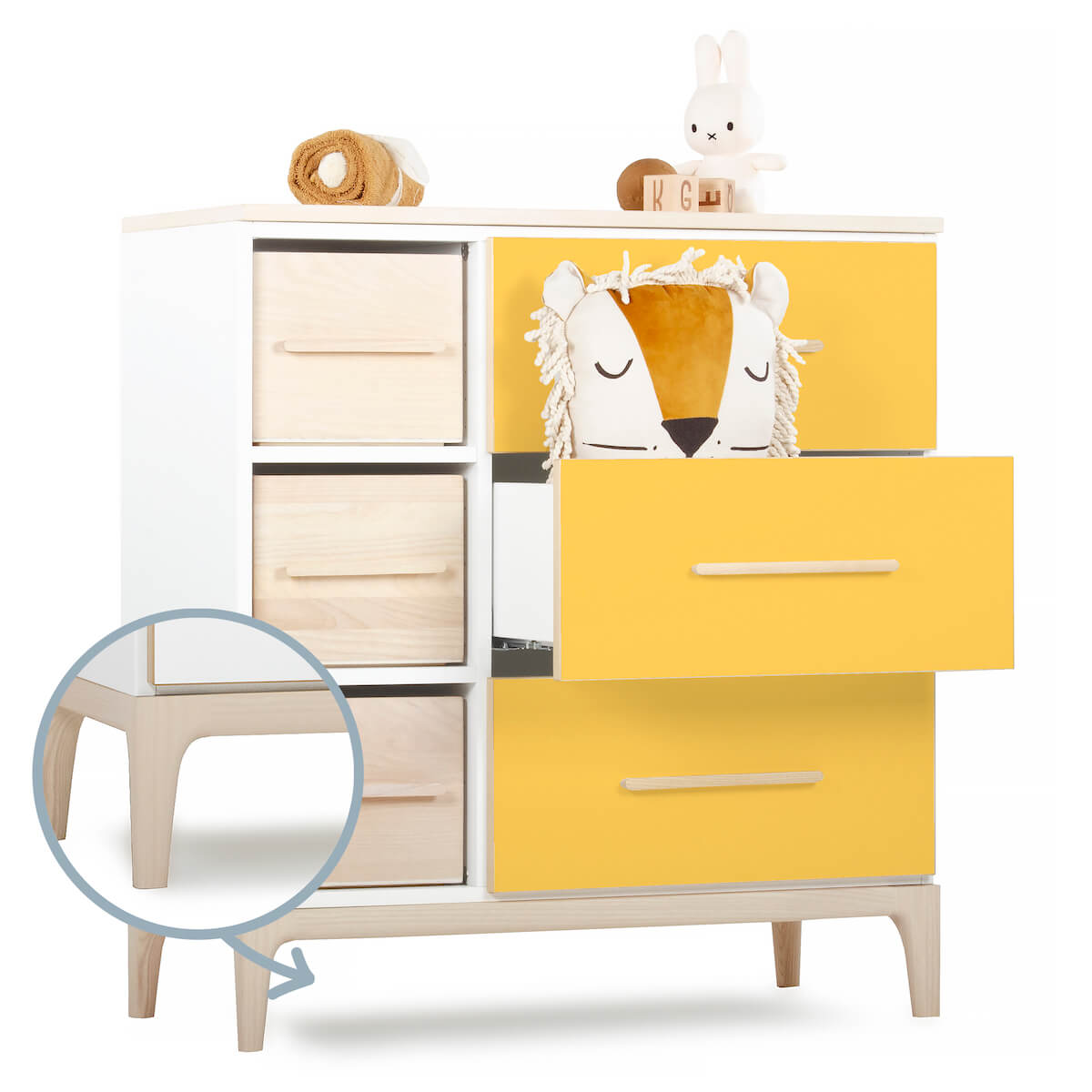 Cómoda 3 cajones 3 huecos NADO Curve acabado fresno sunshine yellow 
