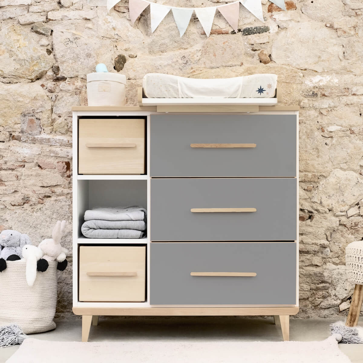 Cómoda 3 cajones 3 huecos NADO Retro acabado fresno slate grey