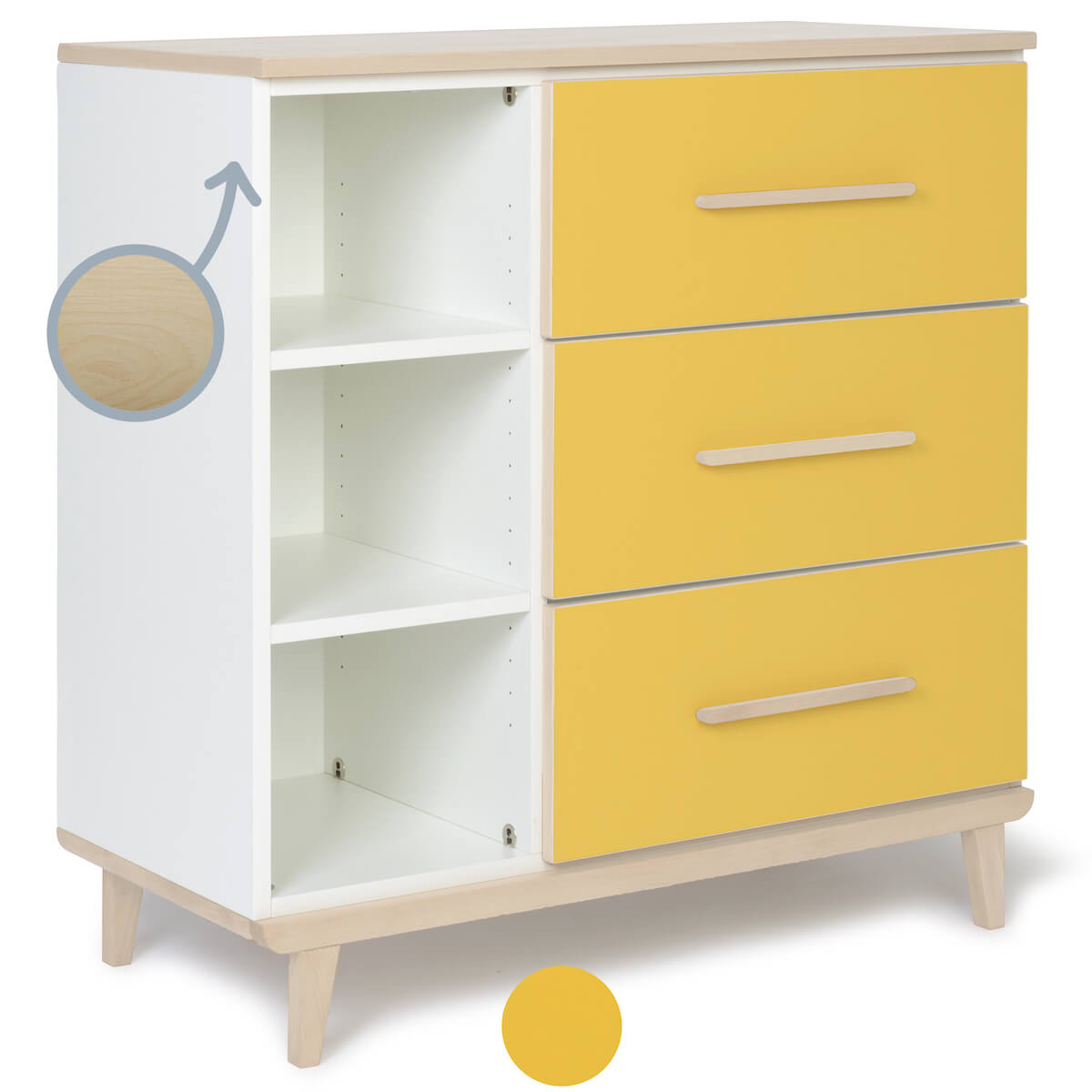 Cómoda 3 cajones 3 huecos NADO Retro acabado fresno sunshine yellow 