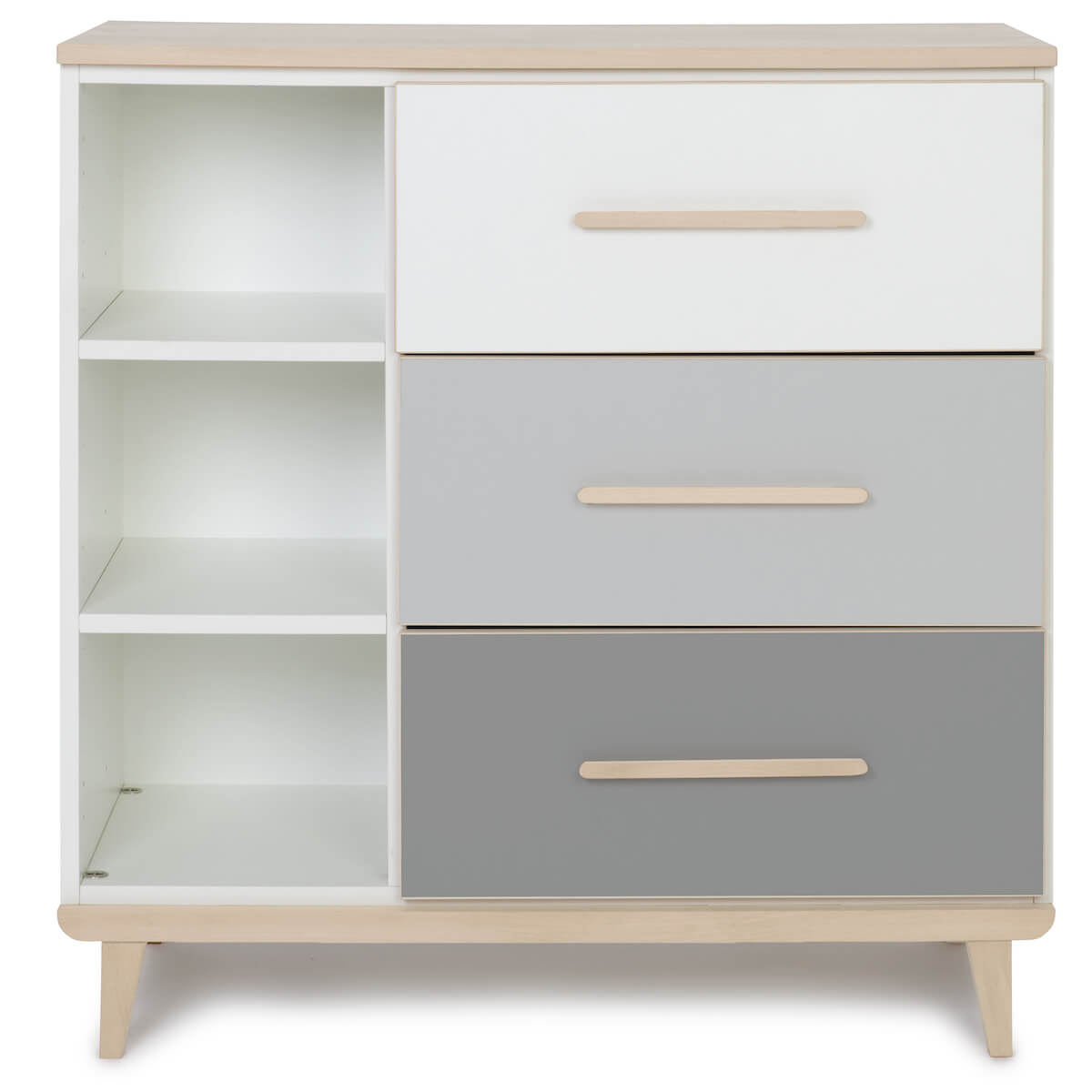 Cómoda 3 cajones 3 huecos NADO Retro acabado fresno white-manhattan grey-slate grey